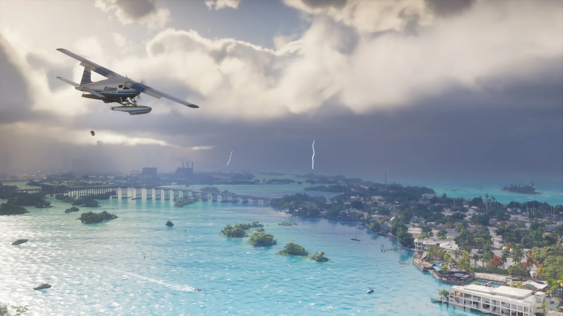 A seaplane above the Keys with a local storm in the distance