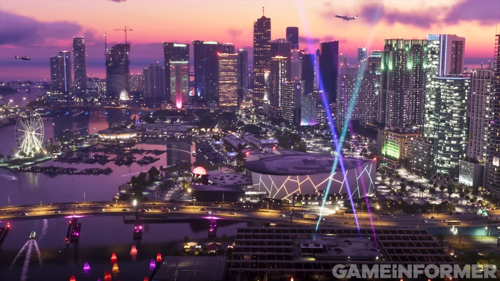 Vice City’s illuminated skyline at dusk
