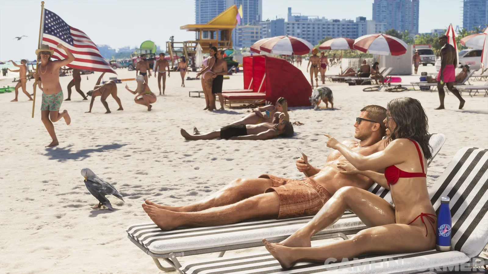 Beachgoers with different appearances in Game Informer’s GTA VI screenshot