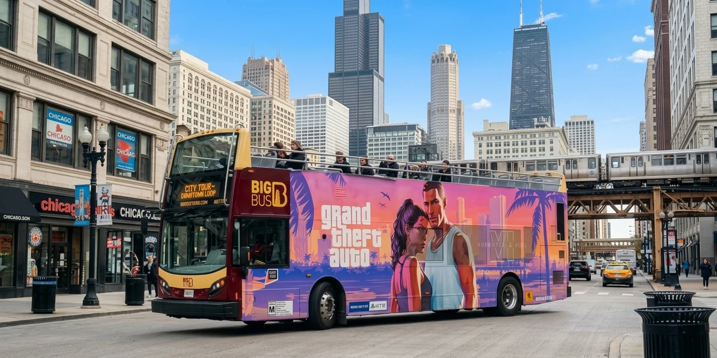 A wrapped sightseeing bus in Chicago.