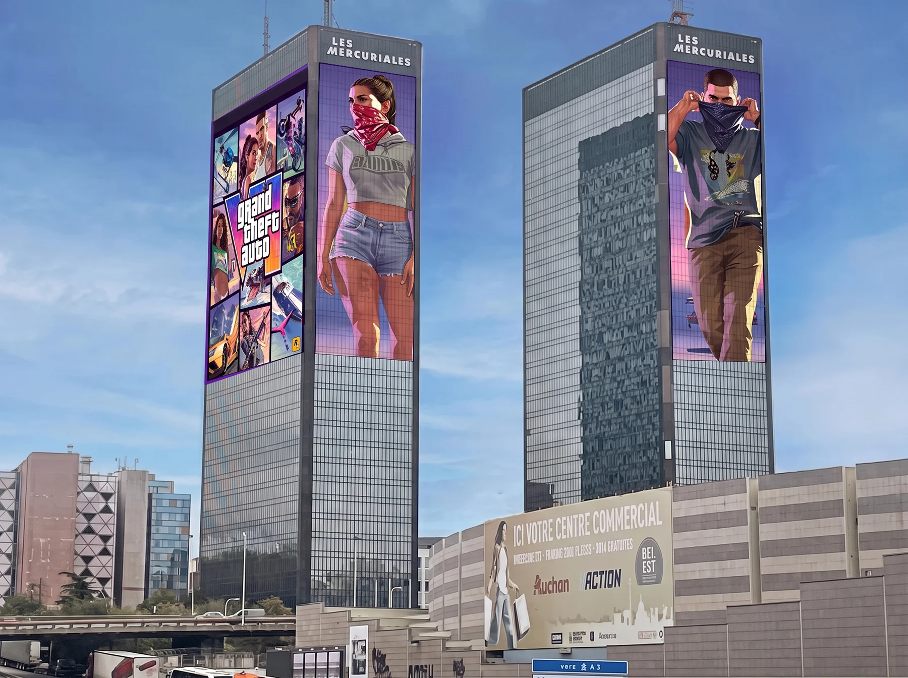 Two views of the Mercuriales building wrap near Paris.