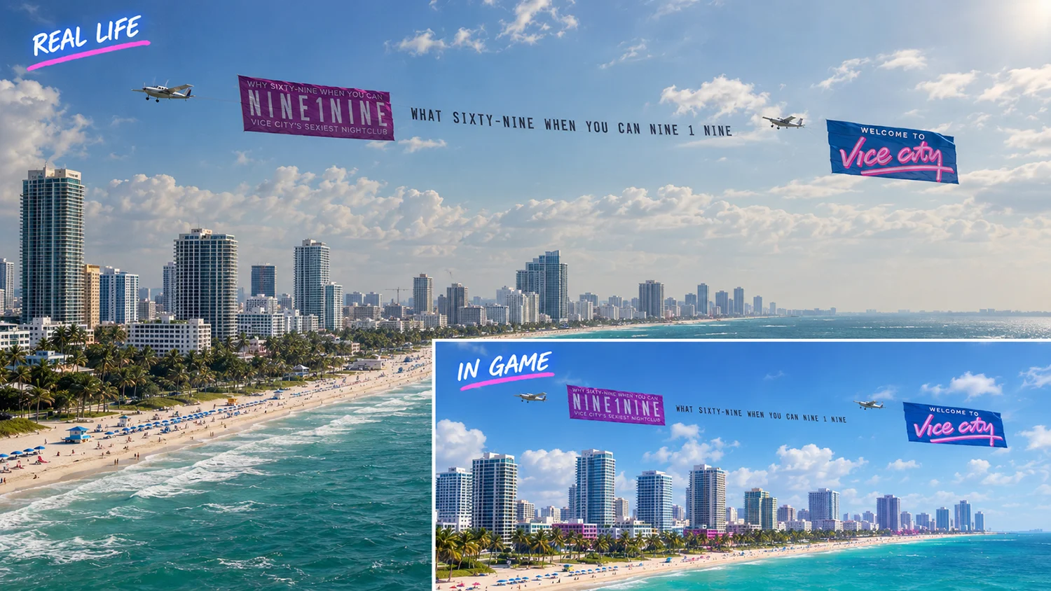 Campaign comparison: banner-towing aircraft and the in-game scene.