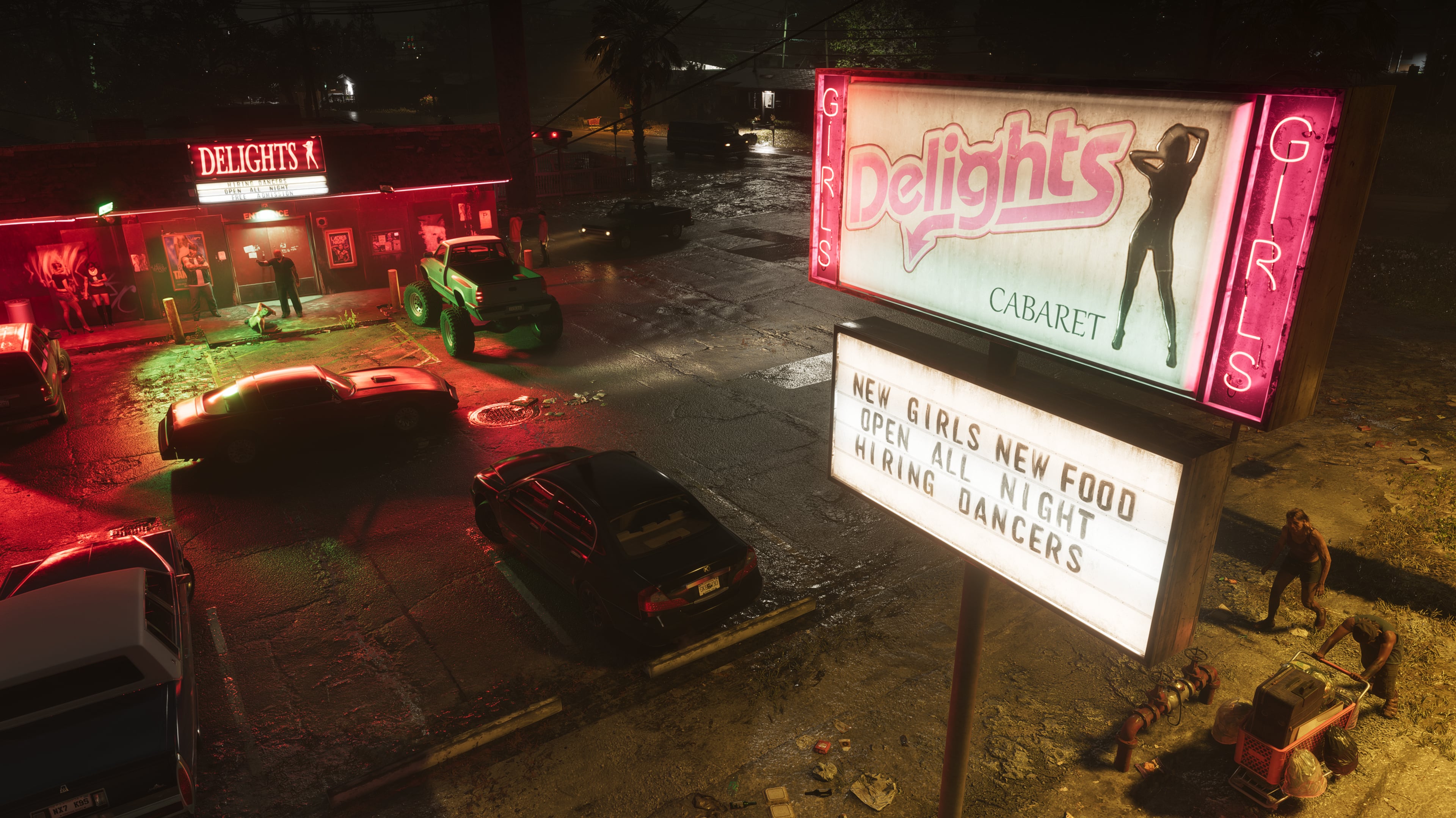 Delights Cabaret and its roadside sign in Port Gellhorn